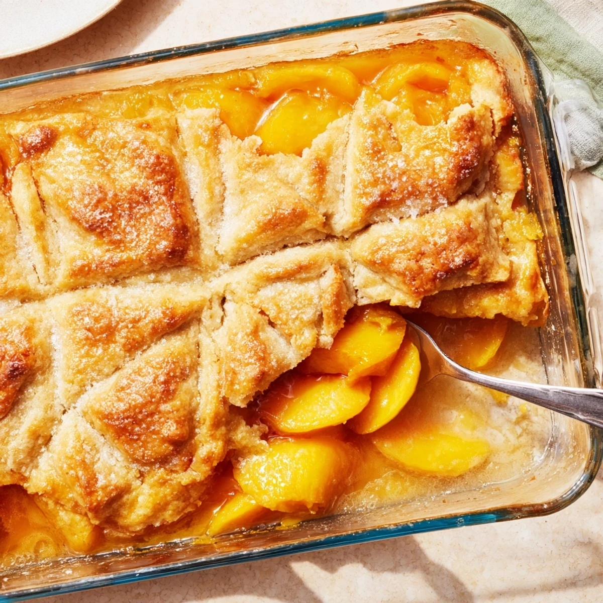 Golden classic peach cobbler with flaky crust bubbling with sweet spiced fruit filling
