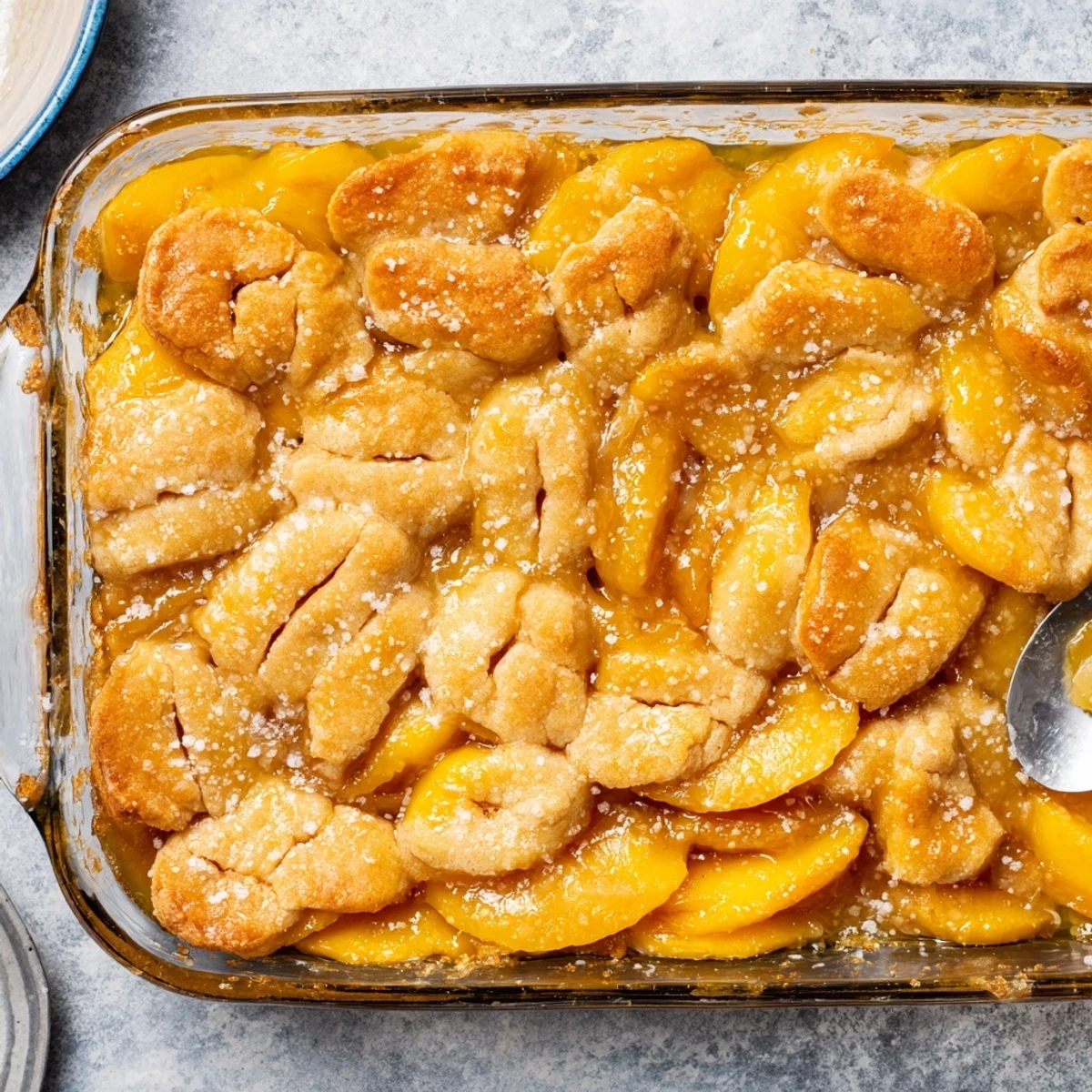 Warm classic peach cobbler served in a baking dish with golden flaky crust