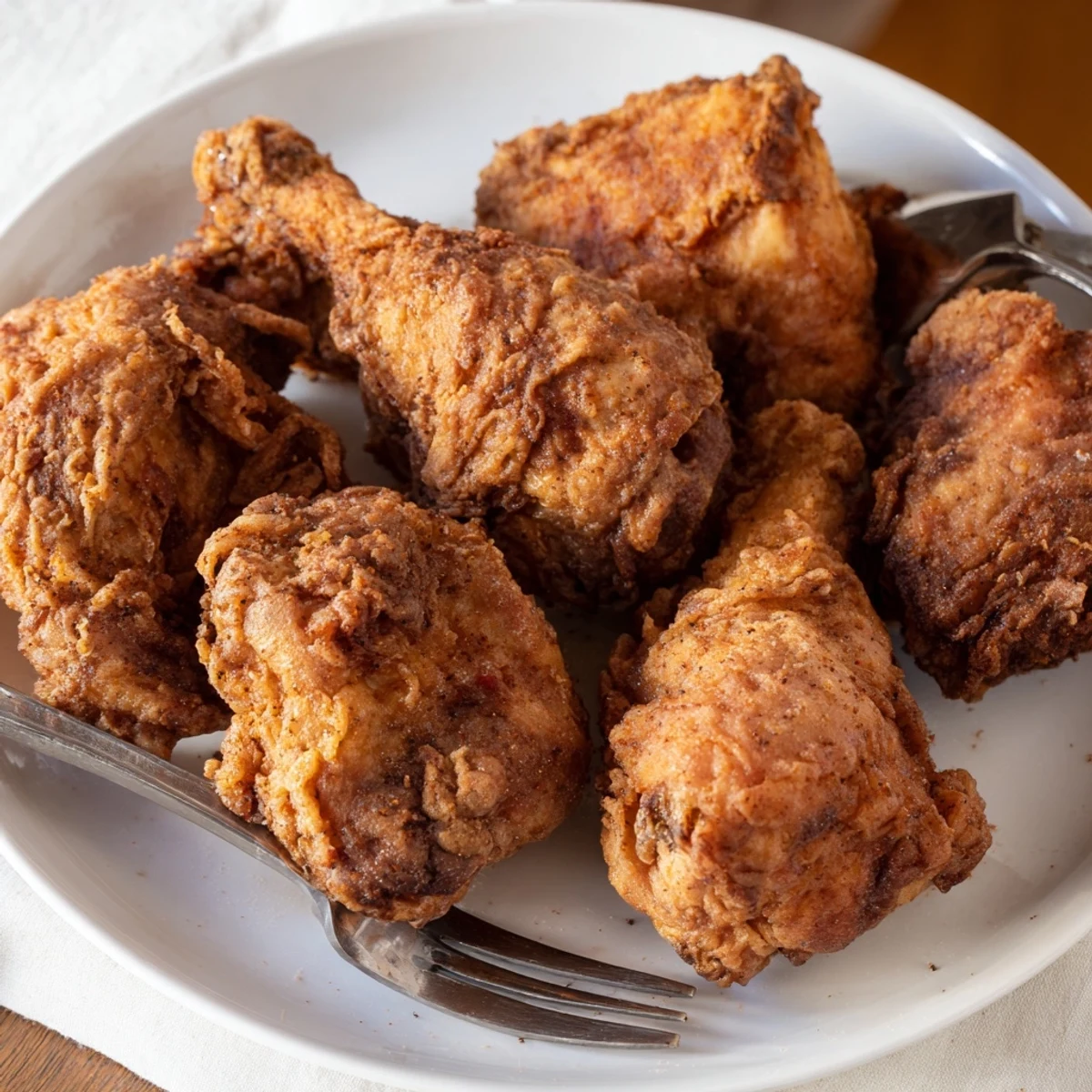 Juicy buttermilk marinated Southern fried chicken with seasoned flour coating, freshly fried and steaming