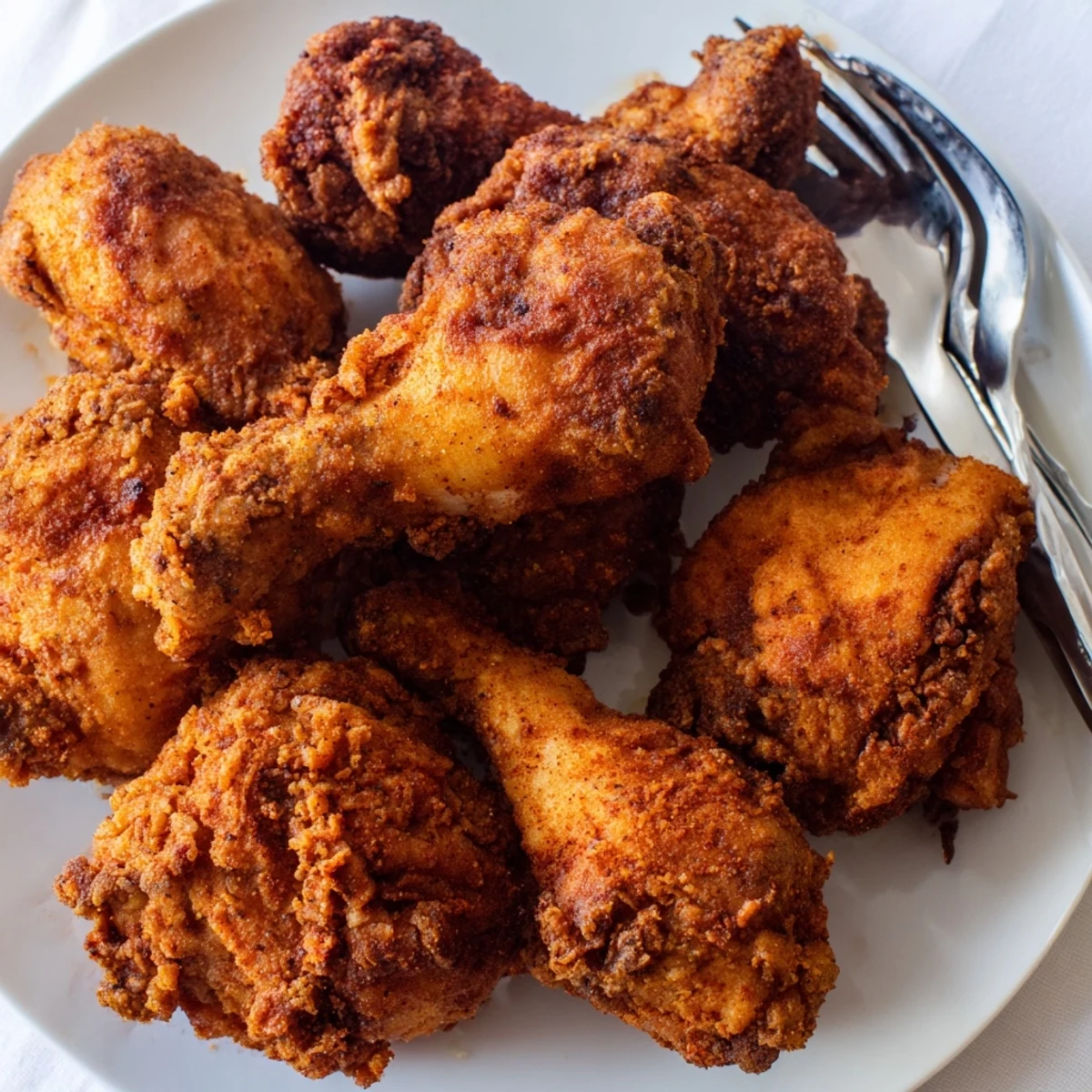Golden brown crispy Southern fried chicken pieces arranged on a wire rack after frying