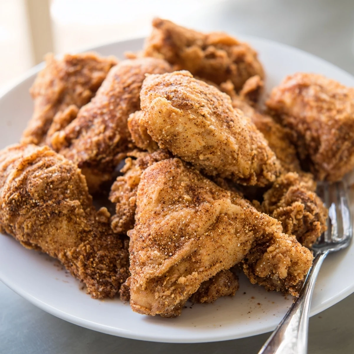 Plate of homemade Southern fried chicken featuring crunchy golden exterior and tender meat inside