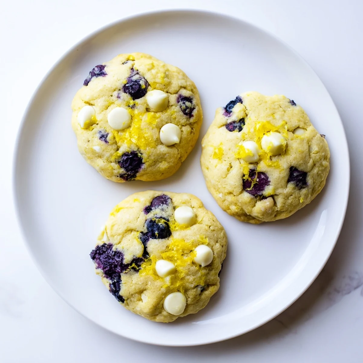 Soft lemon blueberry cookies with melted white chocolate chips and fresh blueberry pieces visible