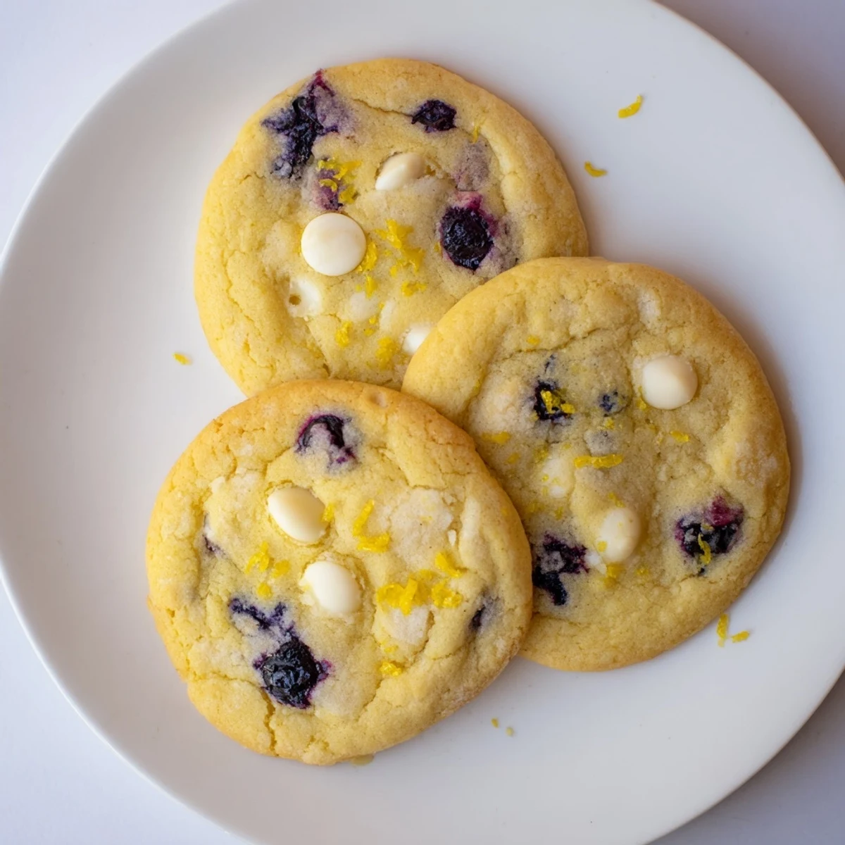 Golden chewy lemon blueberry cookies studded with juicy blueberries on a white cooling rack