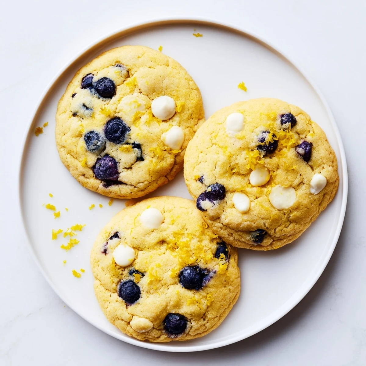 Batch of bright lemon blueberry cookies with golden edges and purple fruit throughout