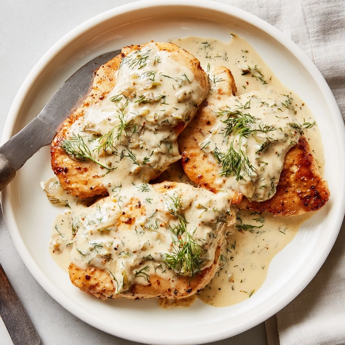 Golden seared chicken breasts swimming in a velvety white dill cream sauce with fresh herb garnish