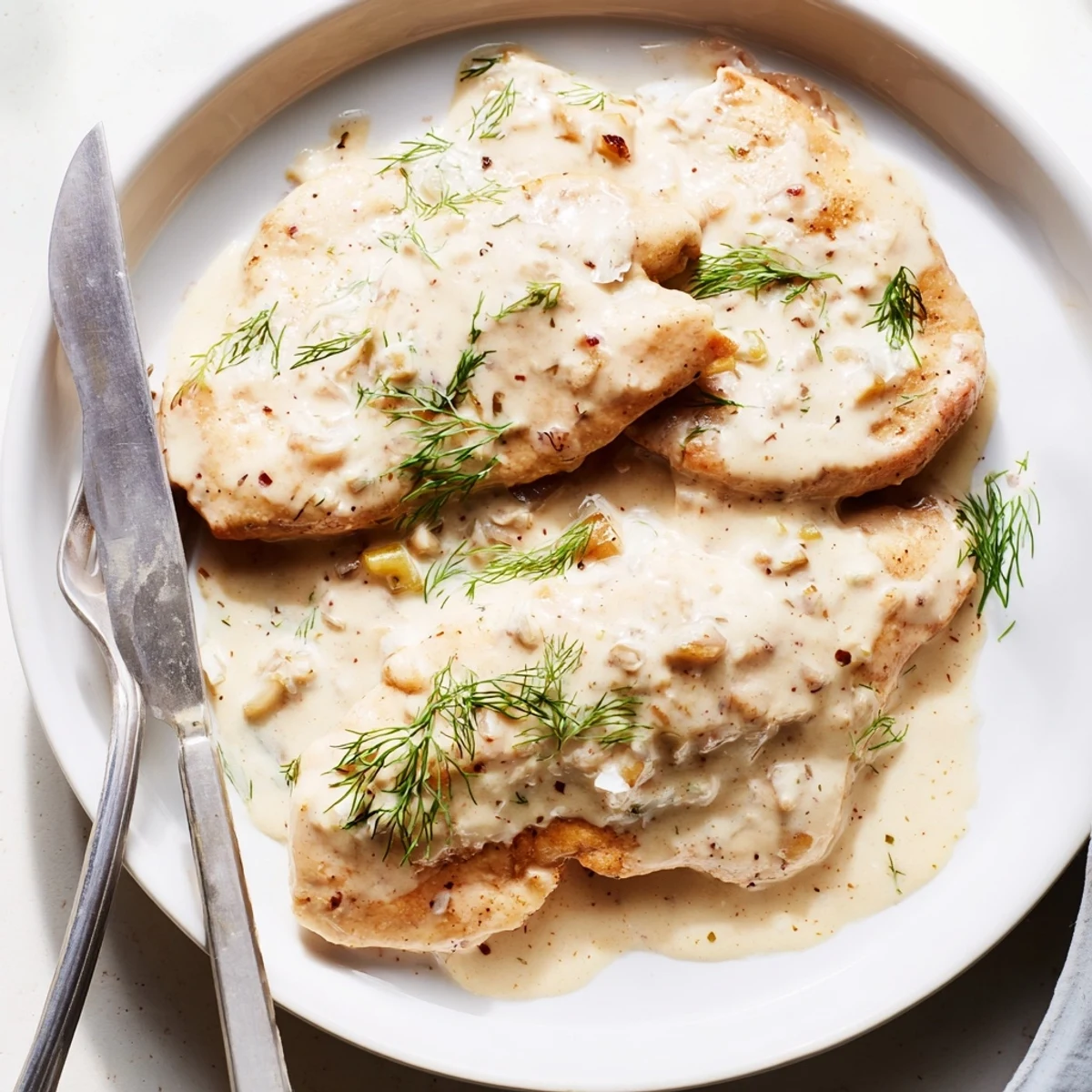 Tender creamy dill chicken plated on rustic white background with chopped dill and lemon wedge