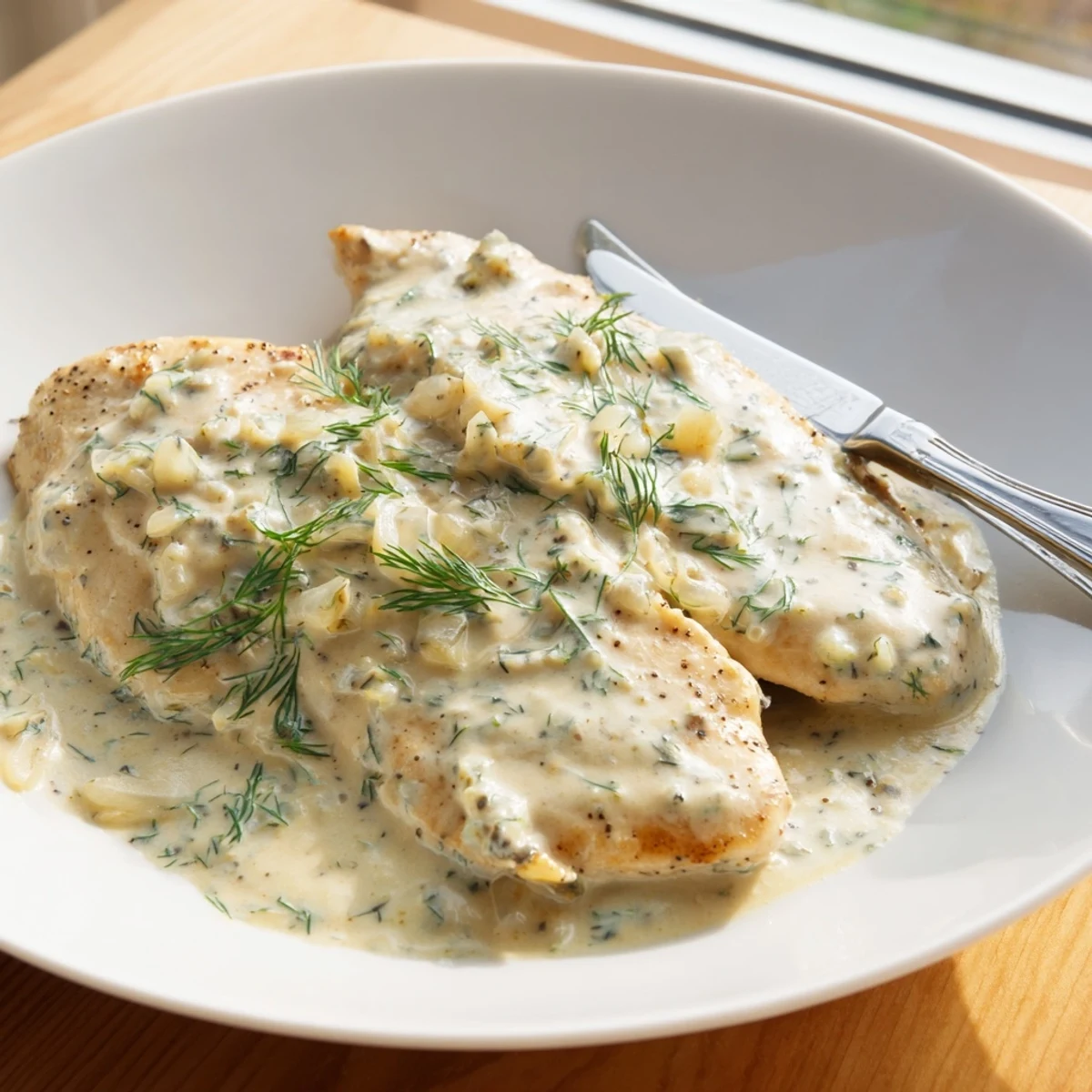 Savory chicken simmered in rich dill cream sauce finished with bright lemon and delicate green herbs