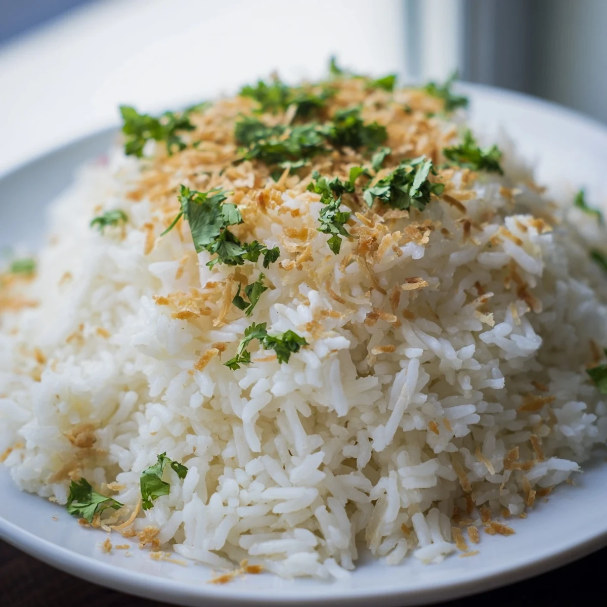 Fluffy coconut rice garnished with toasted coconut flakes and fresh cilantro in a serving bowl