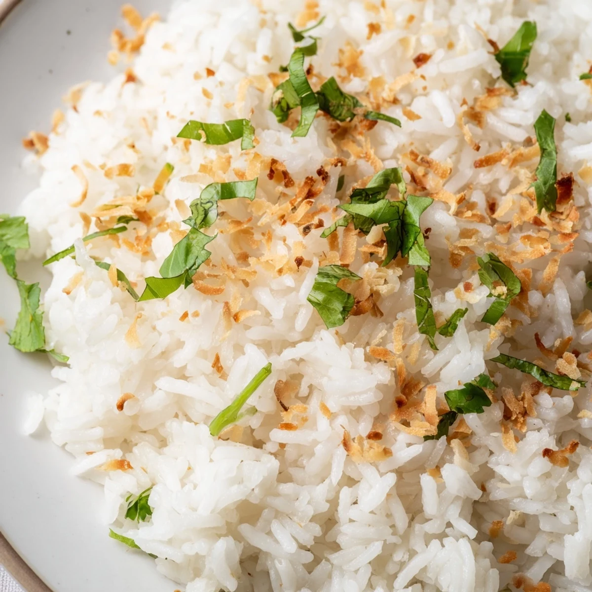 Steaming jasmine coconut rice being fluffed with a fork after absorbing rich coconut milk
