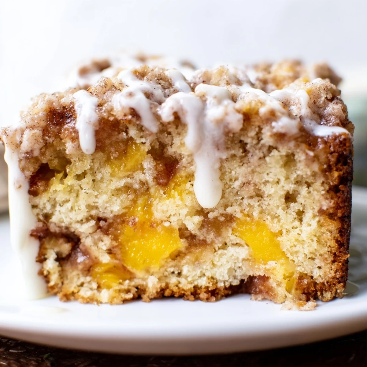 Golden brown peach cobbler pound cake drizzled with vanilla glaze on a white serving plate