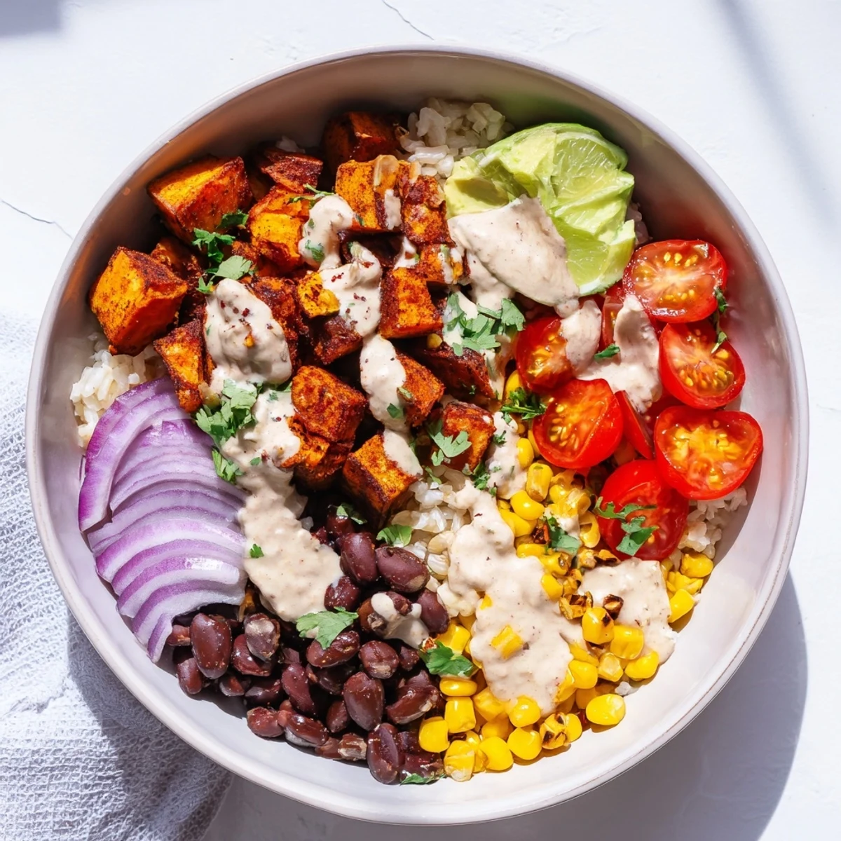 Hearty vegan sweet potato burrito bowl topped with creamy avocado slices, corn, tomatoes, and cashew crema drizzle