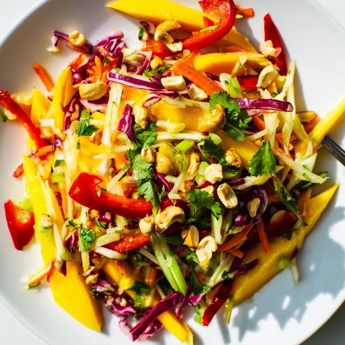 Tangy mango slaw featuring julienned carrots and bell peppers coated in citrus dressing