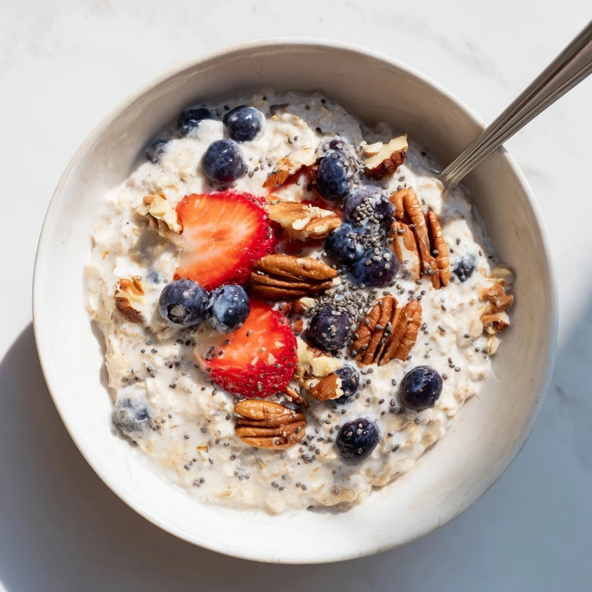 Creamy brown sugar overnight oats in a glass jar topped with fresh berries and chopped nuts