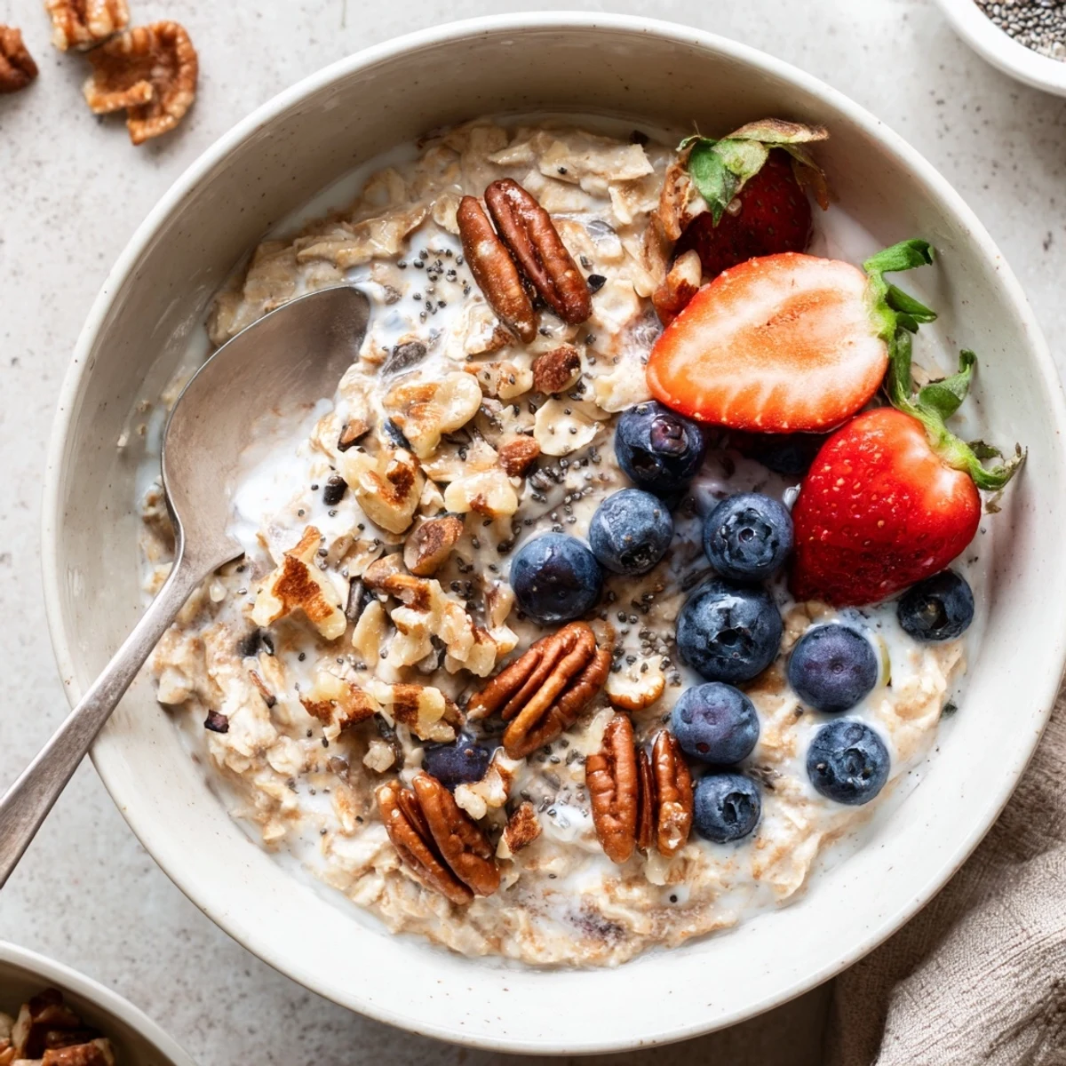Brown sugar overnight oats spoon layered with Greek yogurt vanilla and colorful fruit toppings