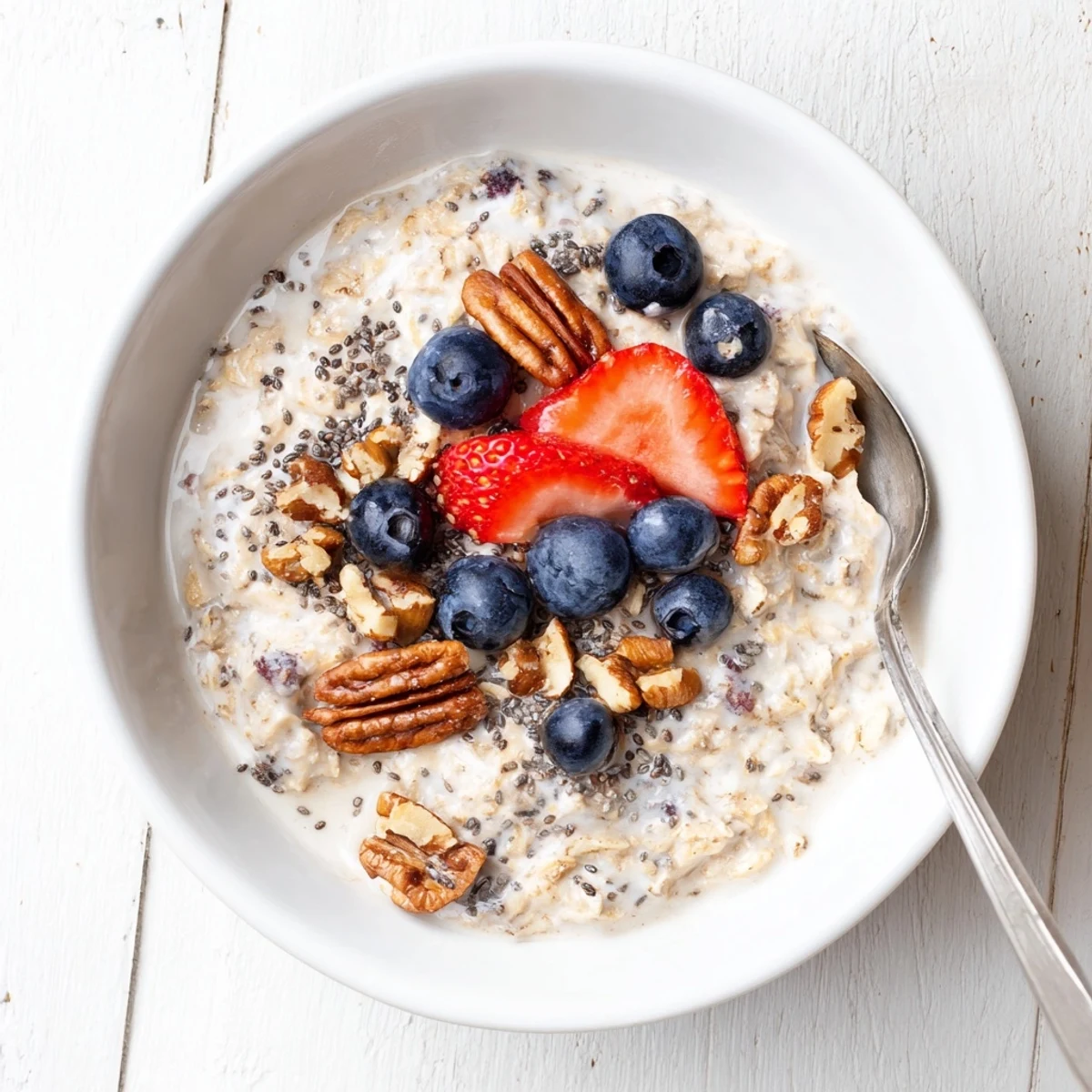 Mason jar of brown sugar overnight oats garnished with banana slices chia seeds and walnuts