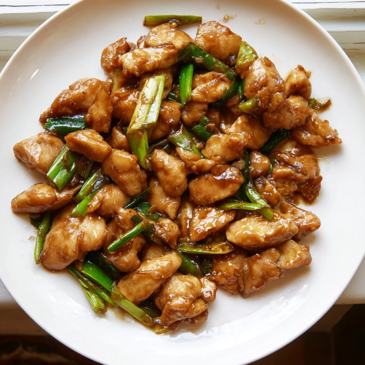Golden brown Mongolian chicken pieces coated in a rich glossy brown garlic ginger sauce
