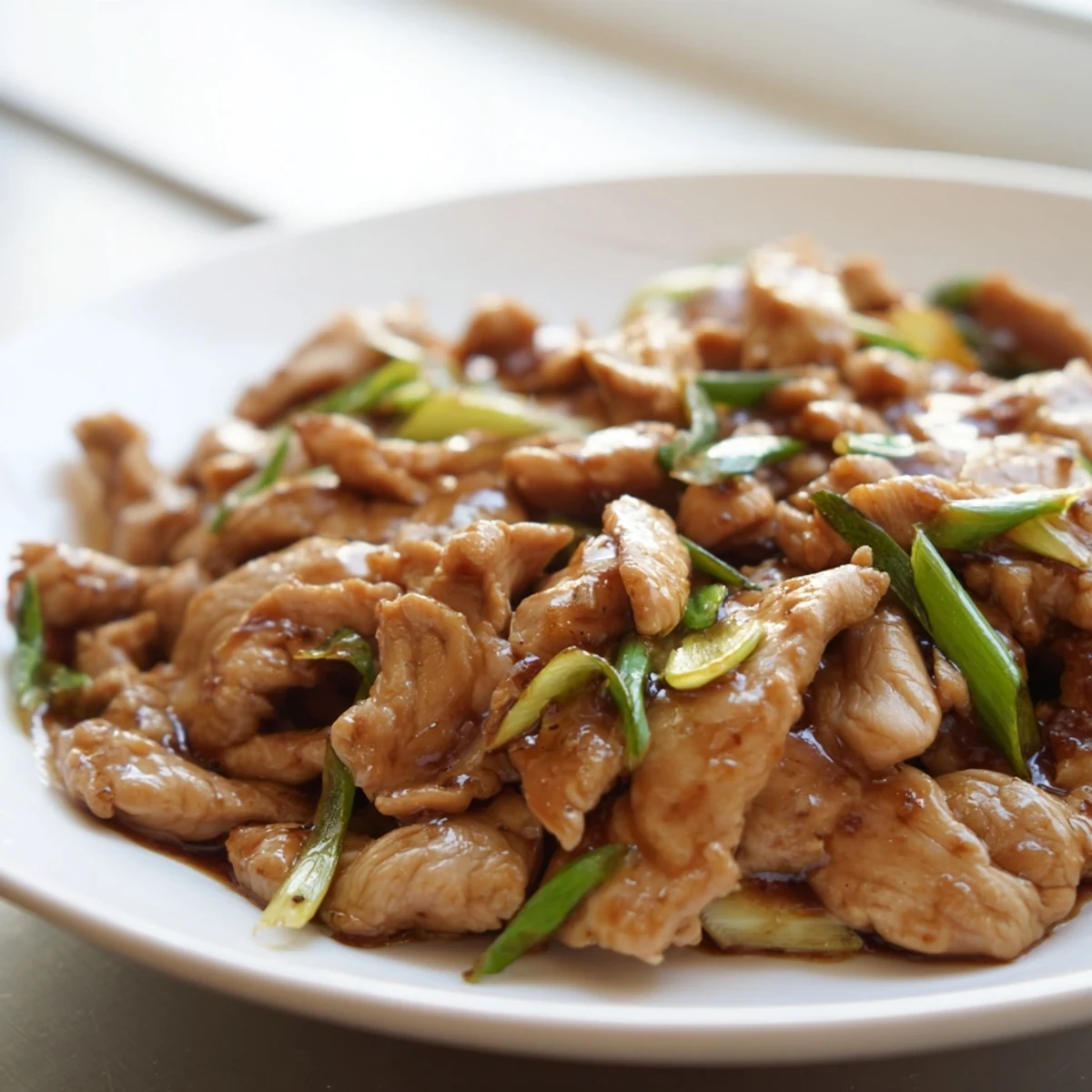 Tender sliced Mongolian chicken swimming in a sweet soy glaze topped with green onions