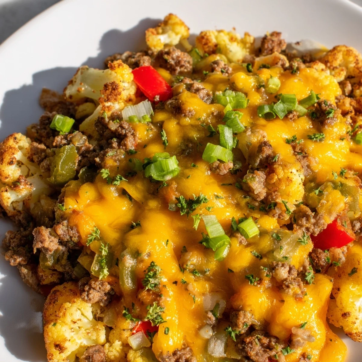 Golden skillet of cauliflower and ground beef hash with melted cheddar and fresh green onions
