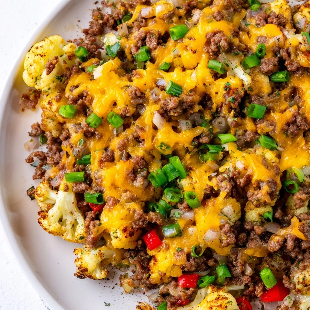 Hearty low-carb cauliflower hash featuring savory browned ground beef and colorful diced bell peppers