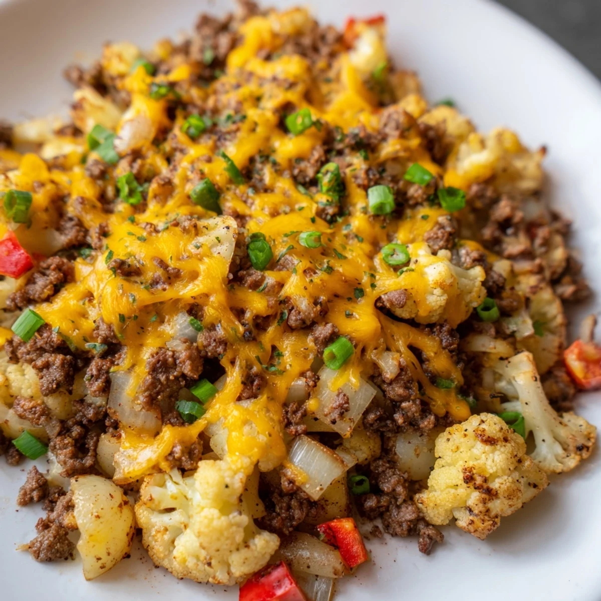 One-pan cauliflower and ground beef hash topped with fluffy parsley and crispy vegetables