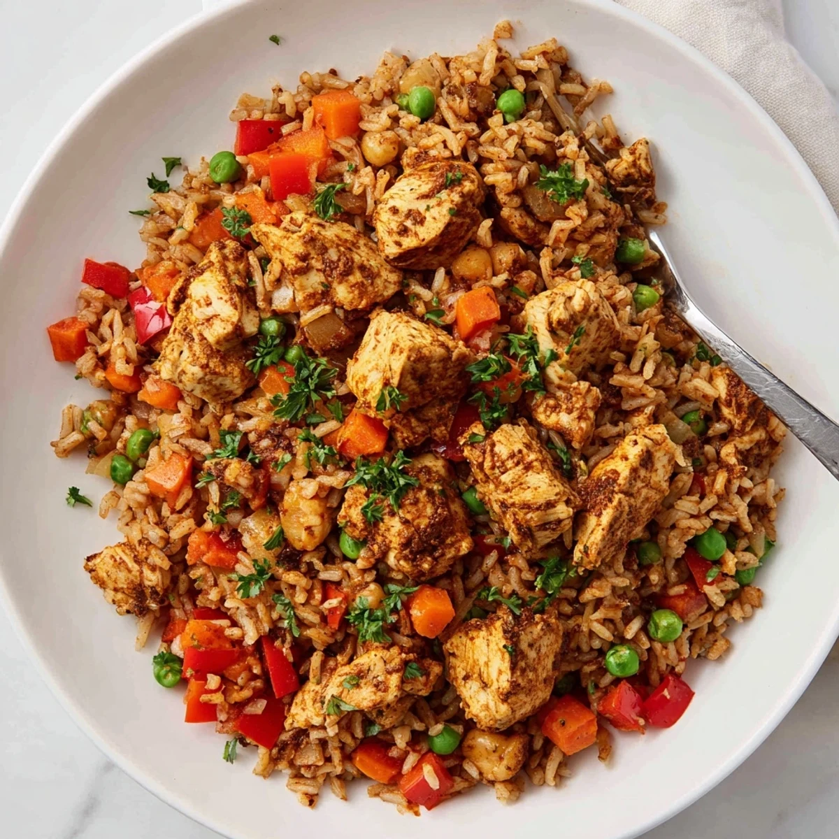 Golden spiced one pot shawarma chicken and rice with tender vegetables garnished with fresh parsley