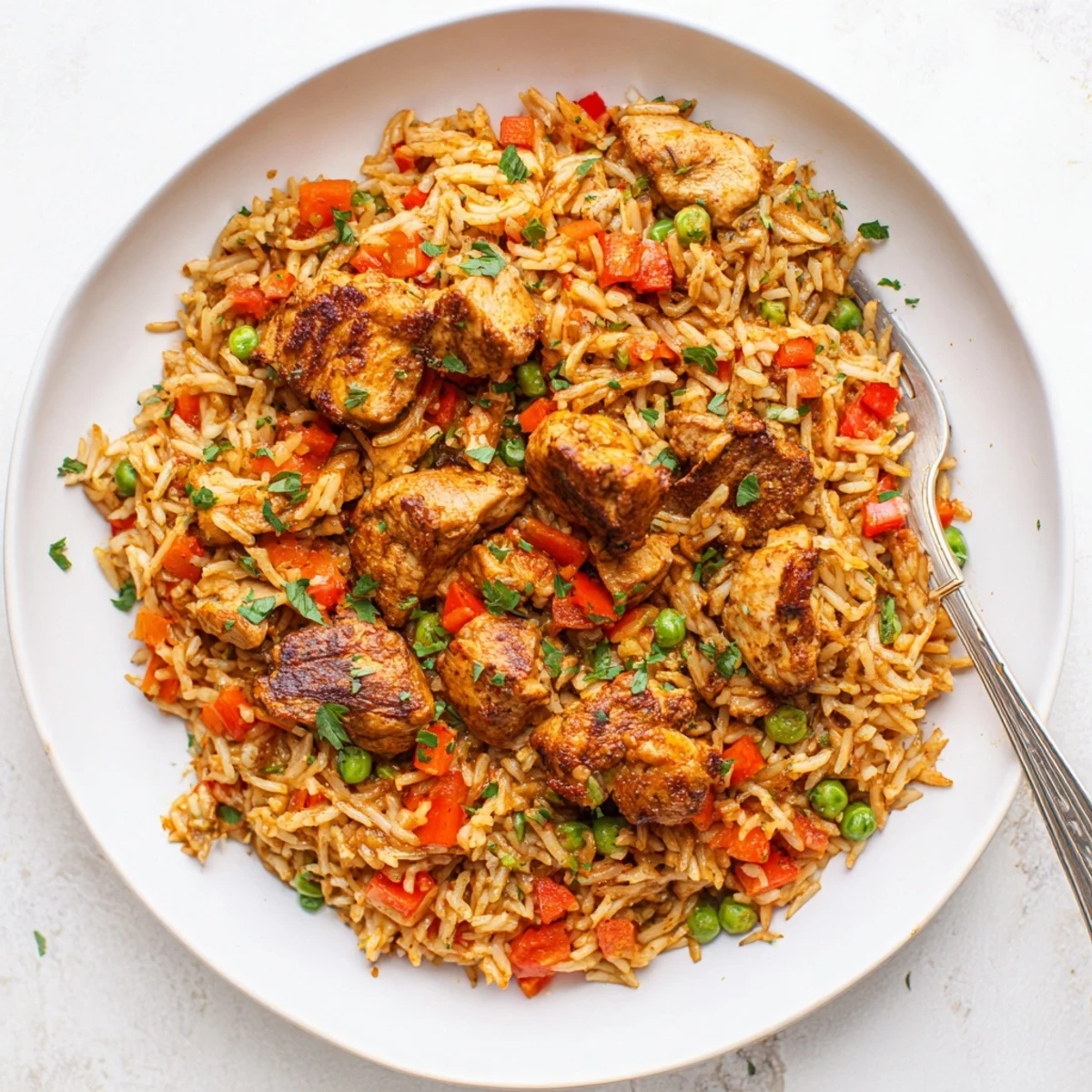 Colorful one pot shawarma chicken and rice served with yogurt sauce and lemon wedges