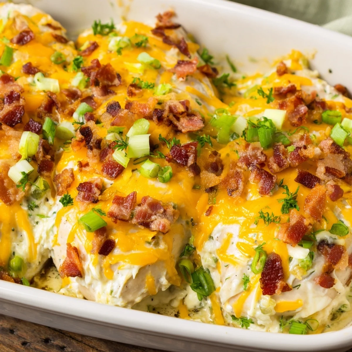Creamy ranch chicken bubbling with cheese and bacon in a baking dish
