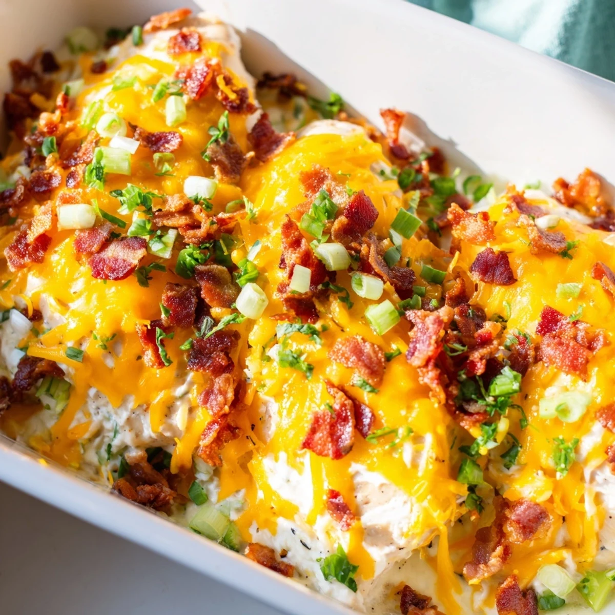 Savory baked crack chicken breasts smothered in cream cheese and cheddar topping