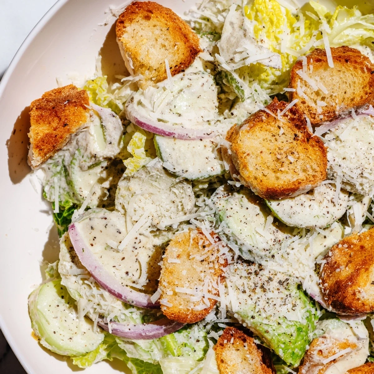 Refreshing cucumber Caesar salad topped with tangy homemade dressing and extra cracked black pepper