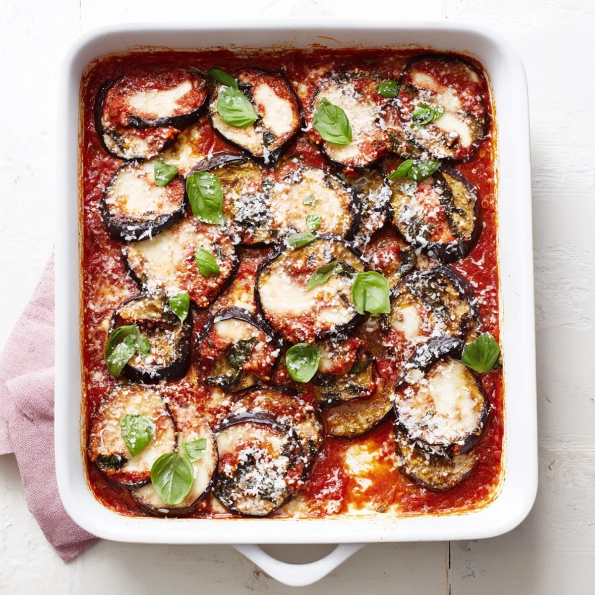 Golden baked ricotta eggplant casserole with bubbling mozzarella and fresh basil garnish