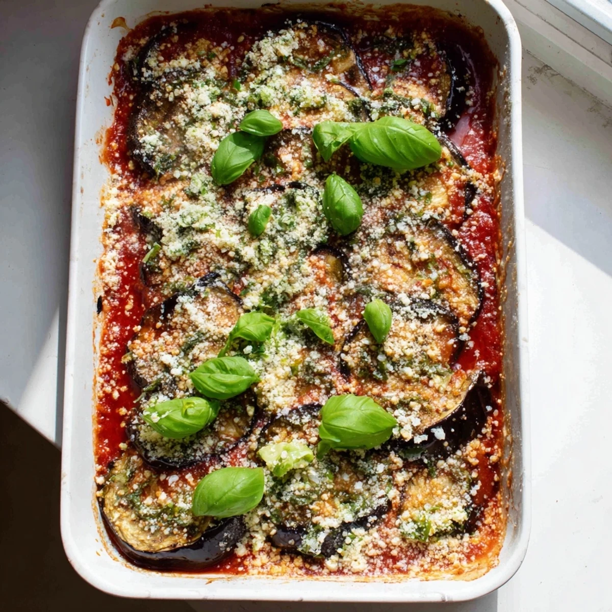 Homemade ricotta eggplant casserole sliced to reveal tender layers of tomato and melted cheese