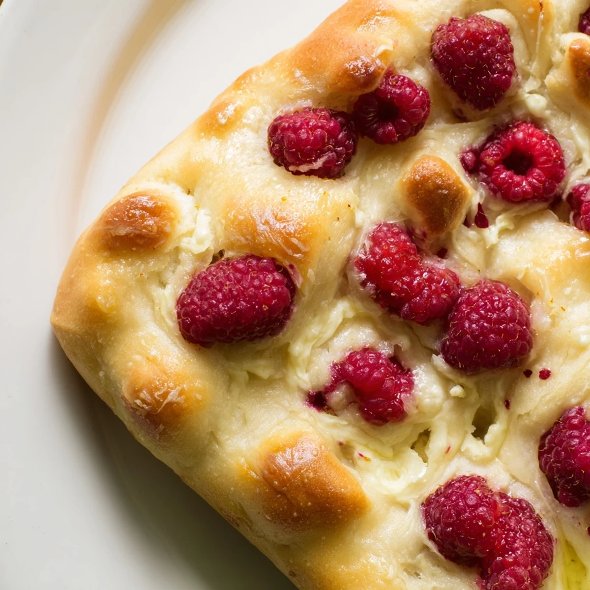 Golden brown sourdough focaccia swirled with creamy cheesecake filling and topped with juicy red raspberries