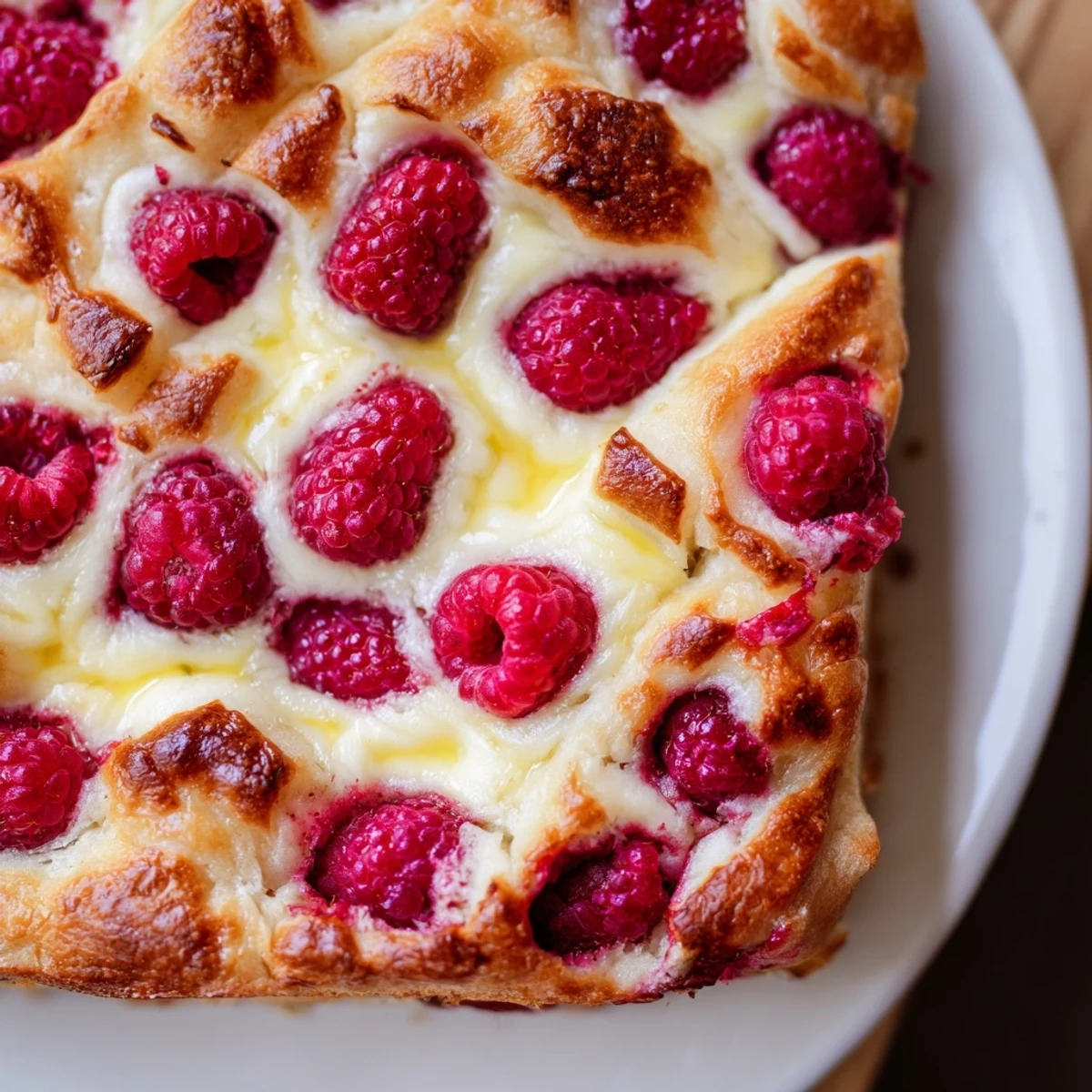 Rustic sourdough focaccia dessert with tangy raspberries, smooth cheesecake ribbons, and golden crispy edges