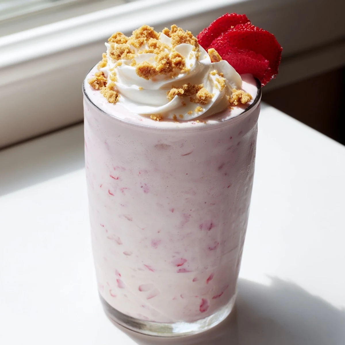 Thick pink strawberry cheesecake milkshake topped with whipped cream and fresh strawberries