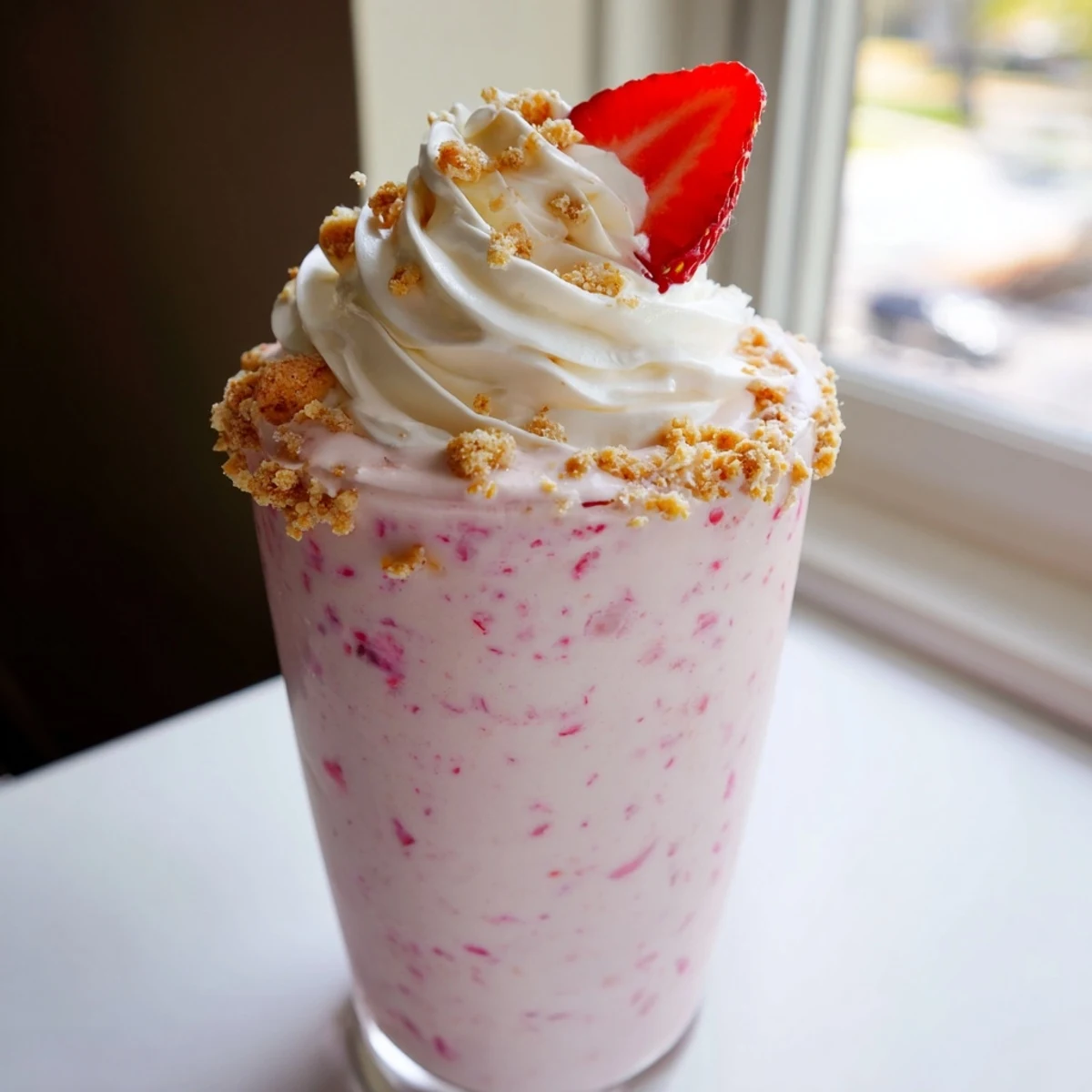 Rich strawberry cheesecake milkshake garnished with graham crackers and red berry slices