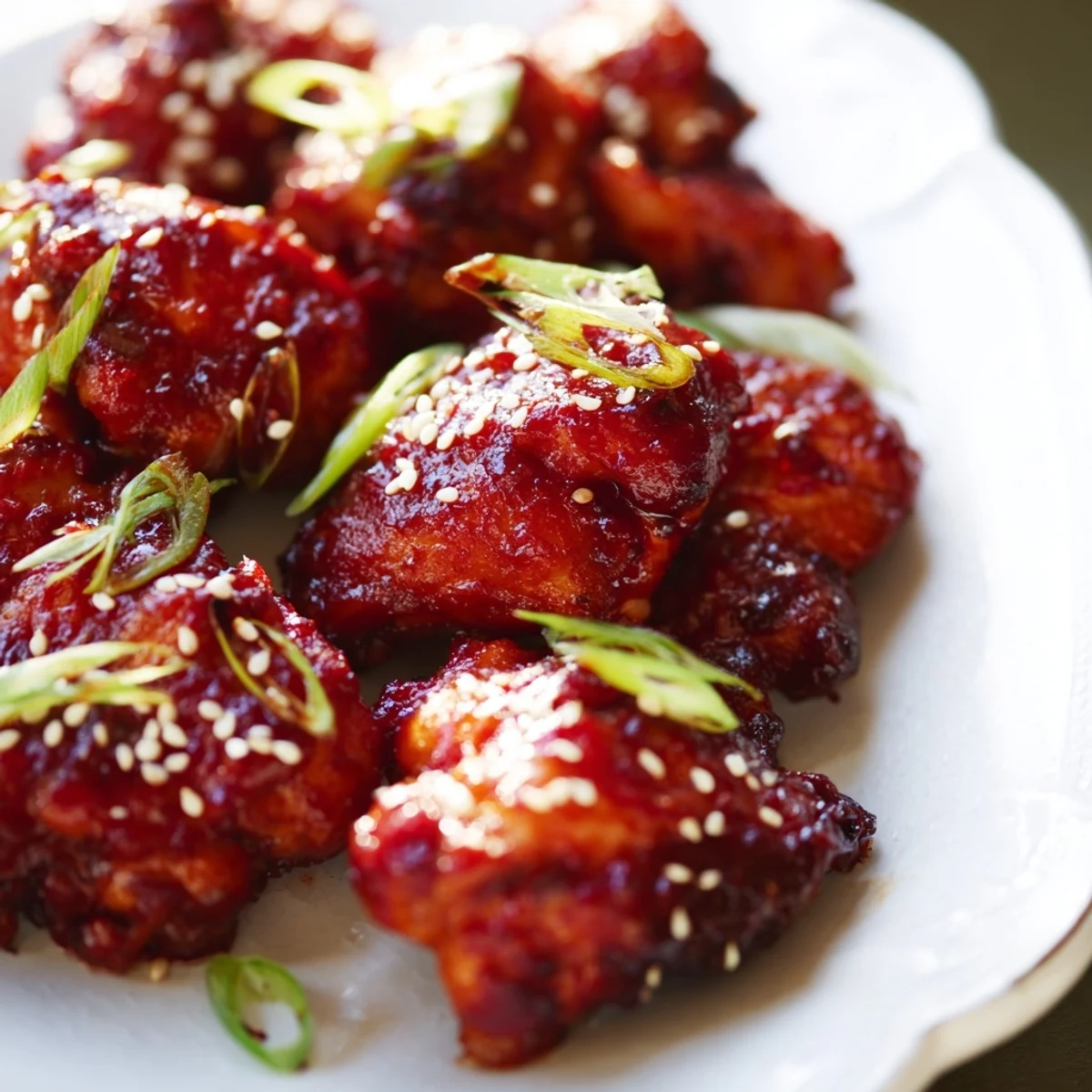 Tender Korean spicy chicken glazed in rich red chili sauce served over steaming white rice