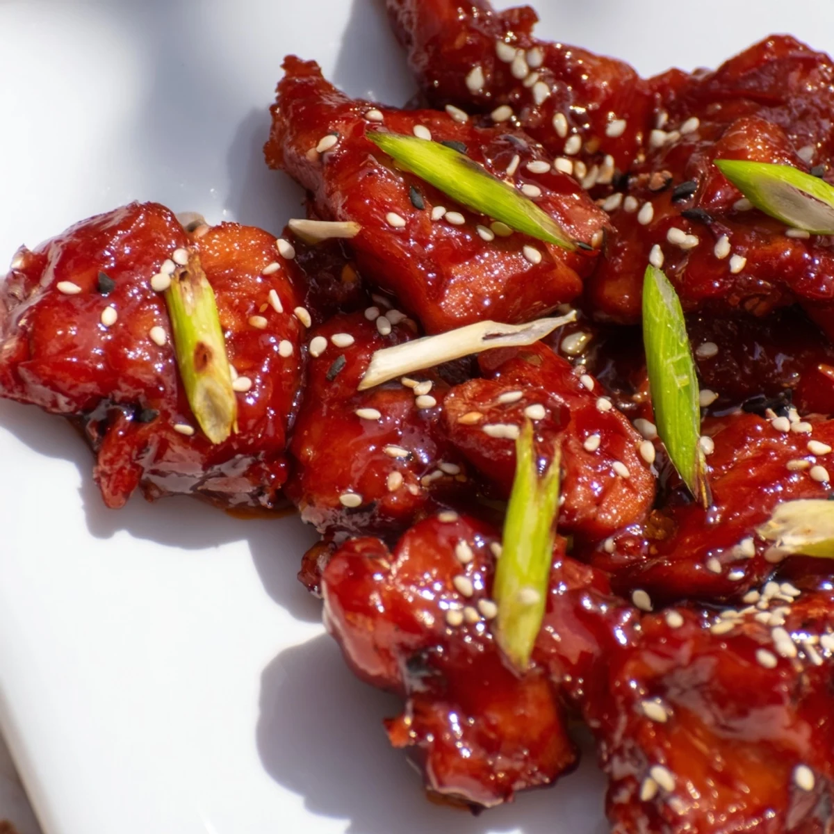 Glossy gochujang chicken pieces with caramelized edges topped with fresh green onions and sesame seeds