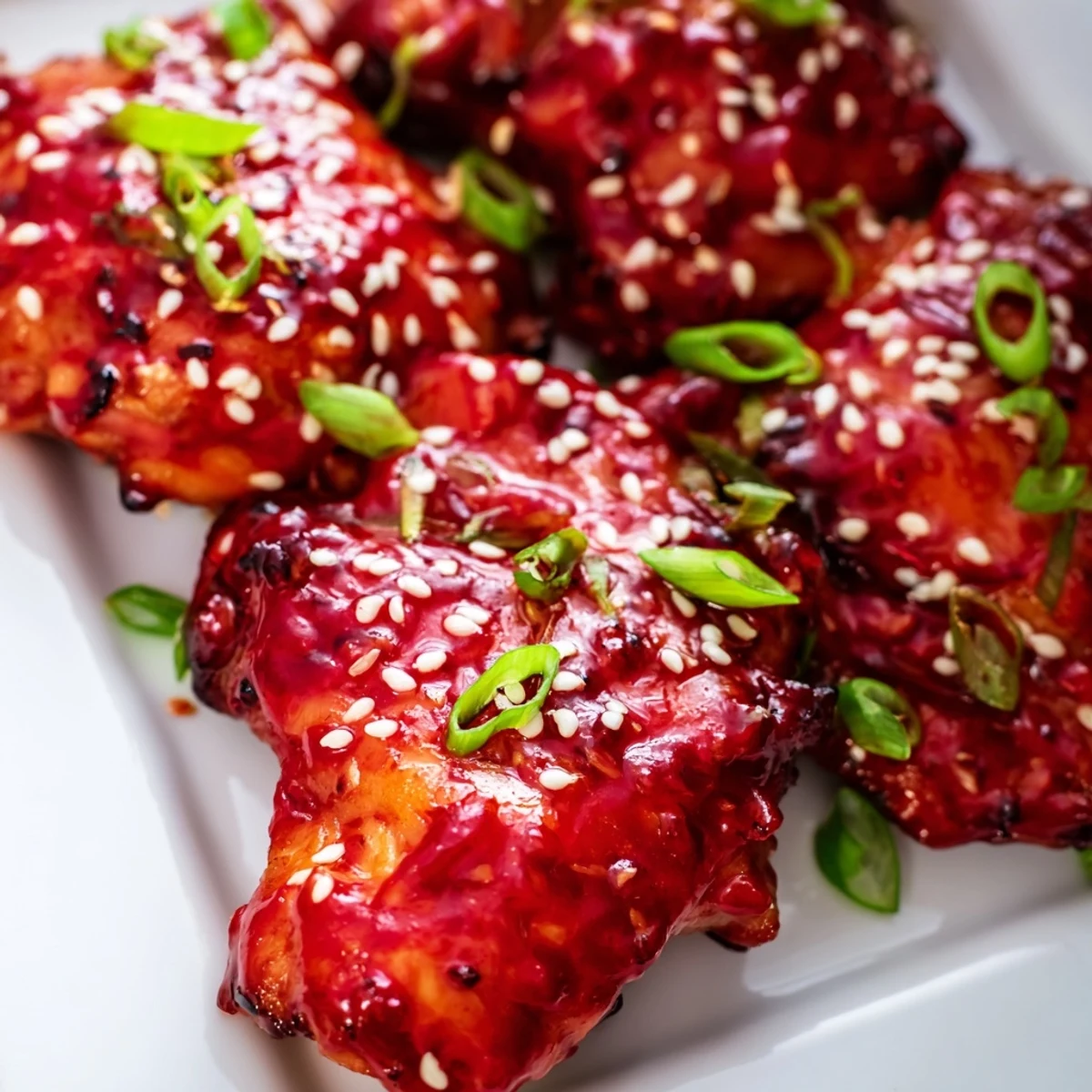 Savory sweet gochujang chicken with charred golden edges garnished with sliced scallions and white sesame seeds