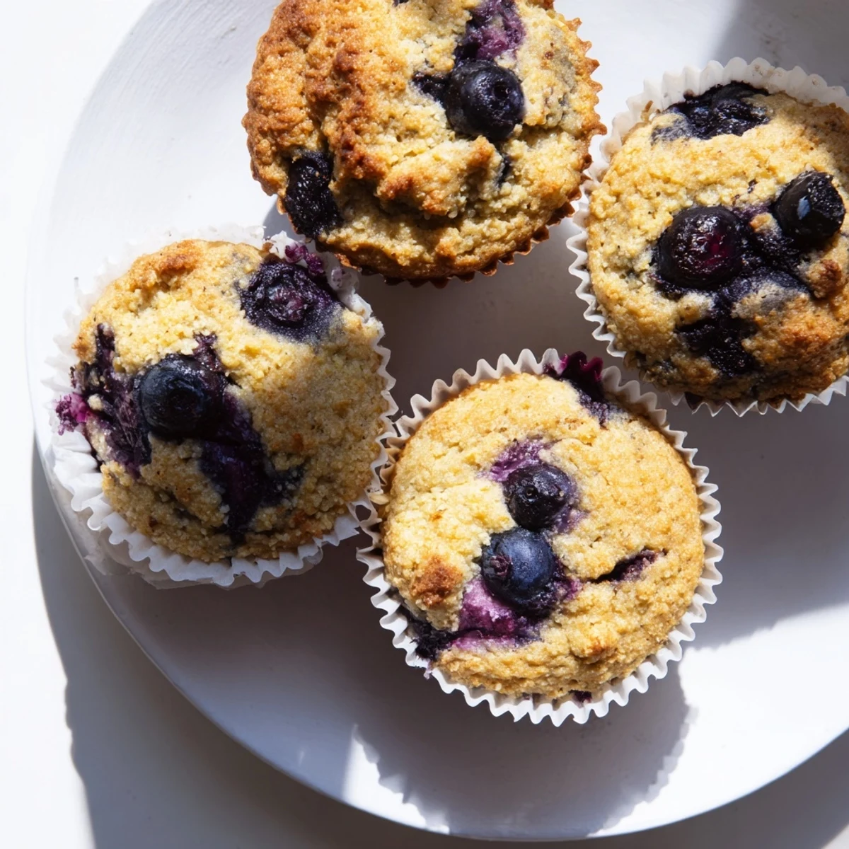 Golden almond flour blueberry muffins with Greek yogurt topped with juicy fresh berries on a wire cooling rack