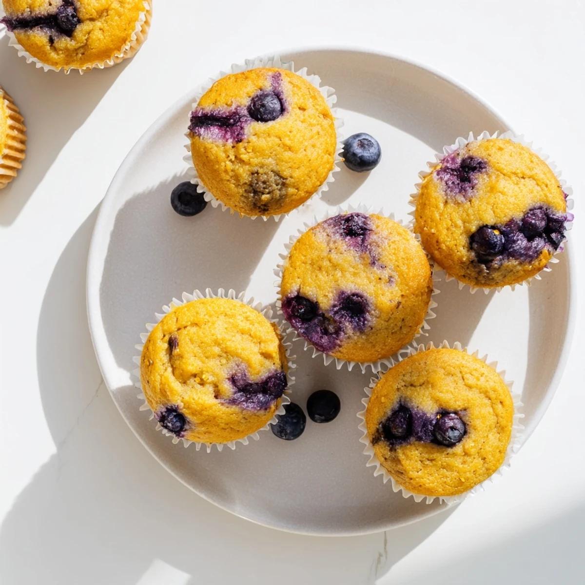 Freshly baked blueberry muffins made with wholesome almond flour and Greek yogurt, golden tops studded with purple berries