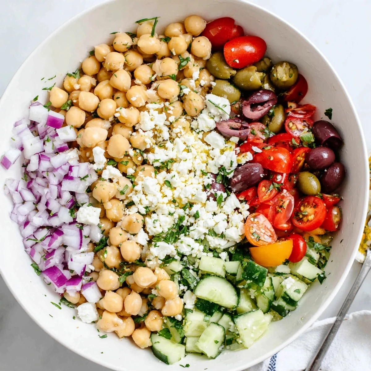 Colorful Mediterranean chickpea salad bowl with fresh vegetables and tangy lemon herb dressing