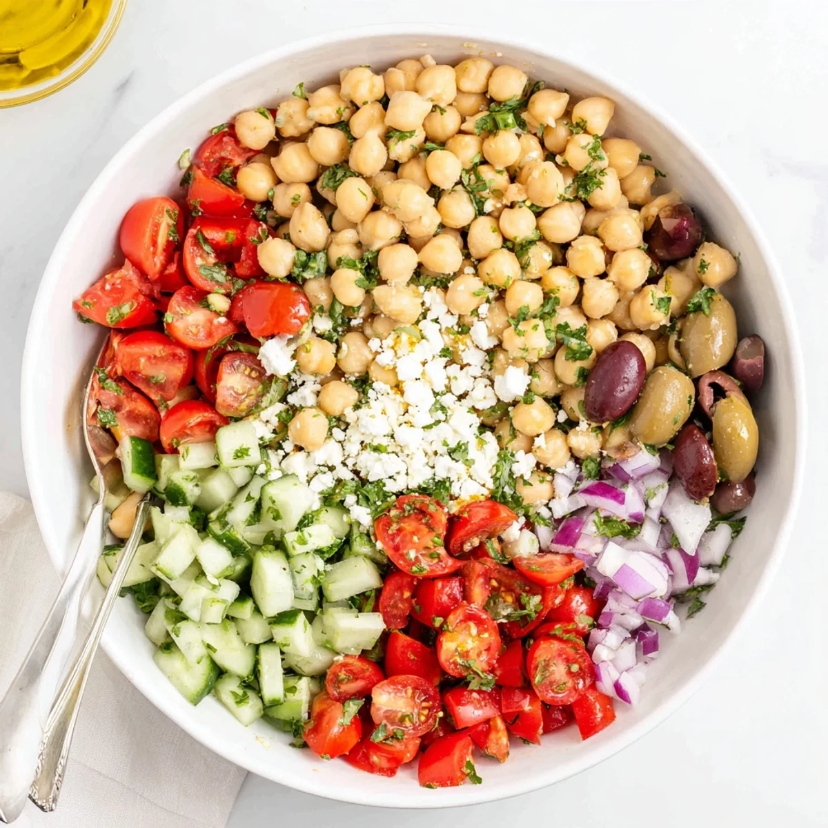 Protein-rich Mediterranean chickpea salad featuring crisp cucumbers, tomatoes, and Kalamata olives in olive oil
