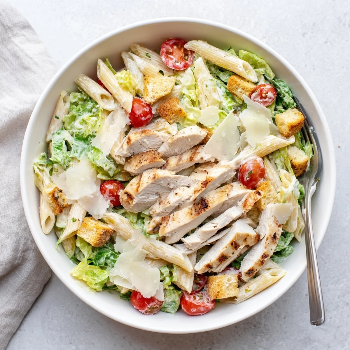 Sliced grilled chicken rests on a bed of romaine and pasta in this chicken Caesar pasta salad