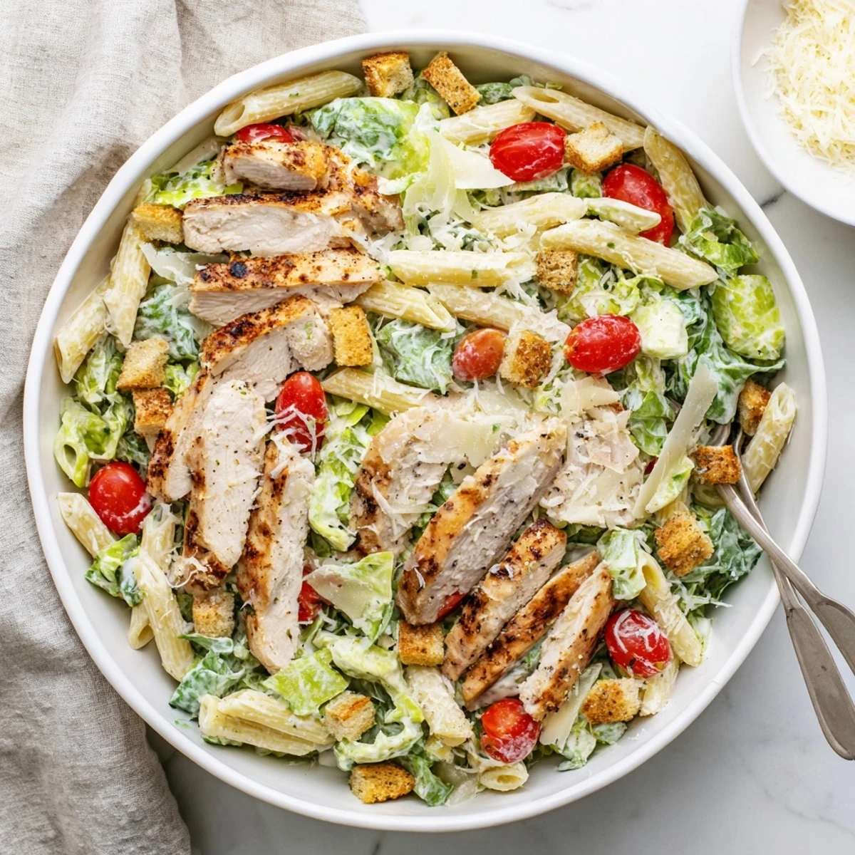 Creamy Caesar dressing coats tender chicken, al dente pasta, and crisp lettuce in this chicken Caesar pasta salad