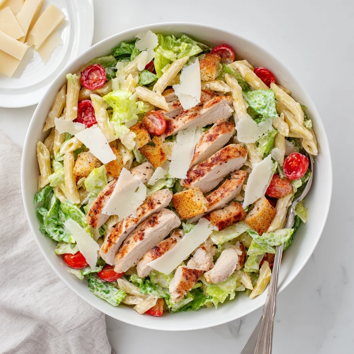 Golden grilled chicken pieces atop pasta and romaine make this chicken Caesar pasta salad perfect for summer gatherings