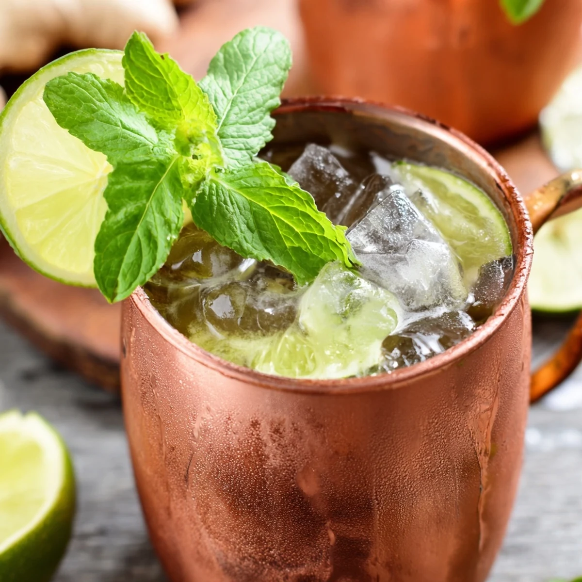 Garnished Virgin Moscow Mule with fresh mint and lime wedge served in frosty copper mug