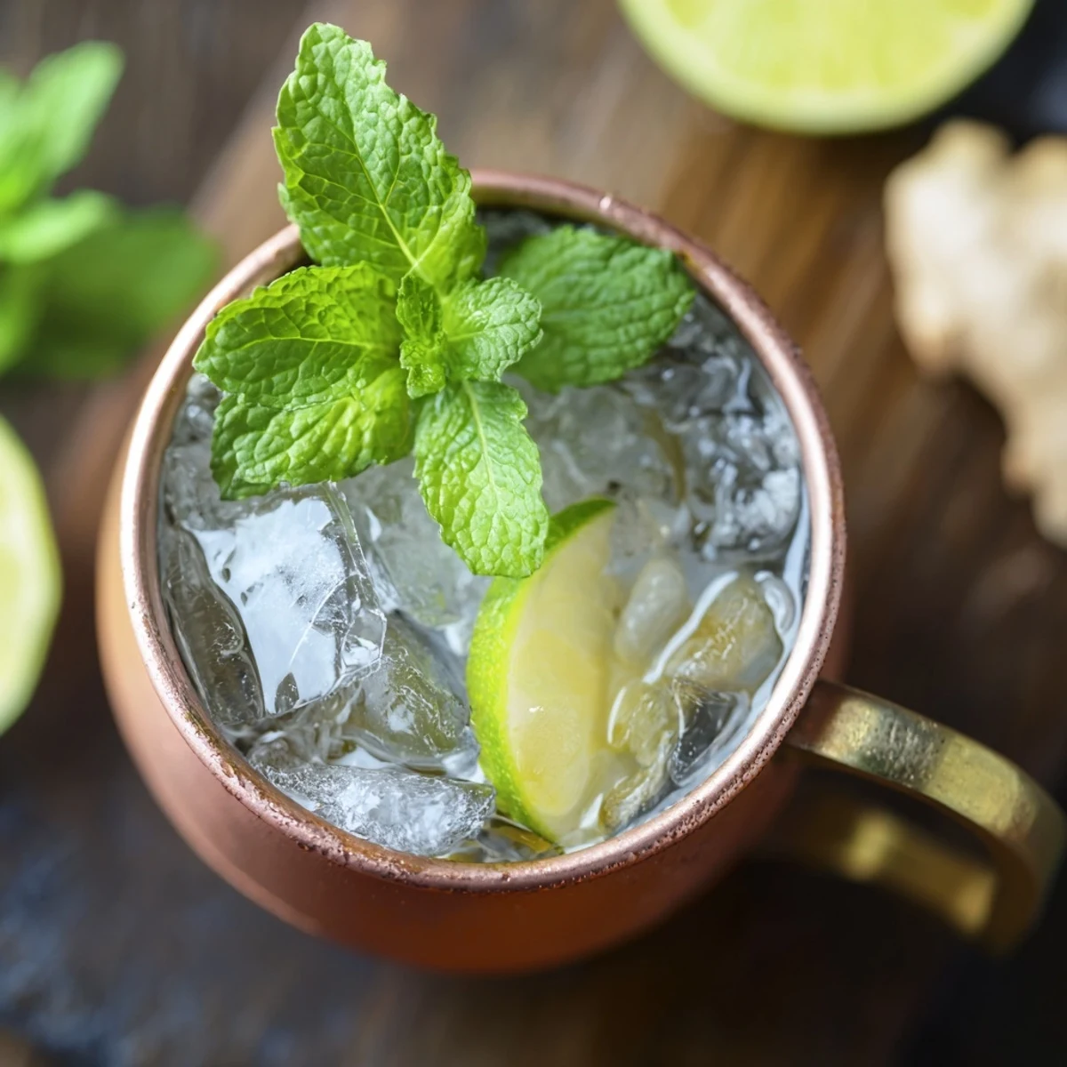 Refreshing Virgin Moscow Mule in copper mug featuring floating mint leaves and bright lime garnish