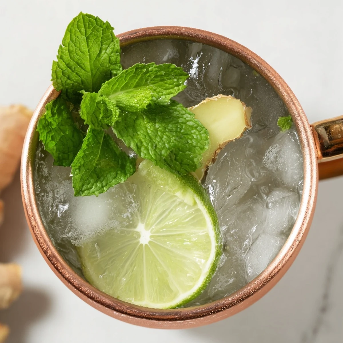 Crisp Virgin Moscow Mule mocktail poured over ice with ginger beer and club soda bubbles