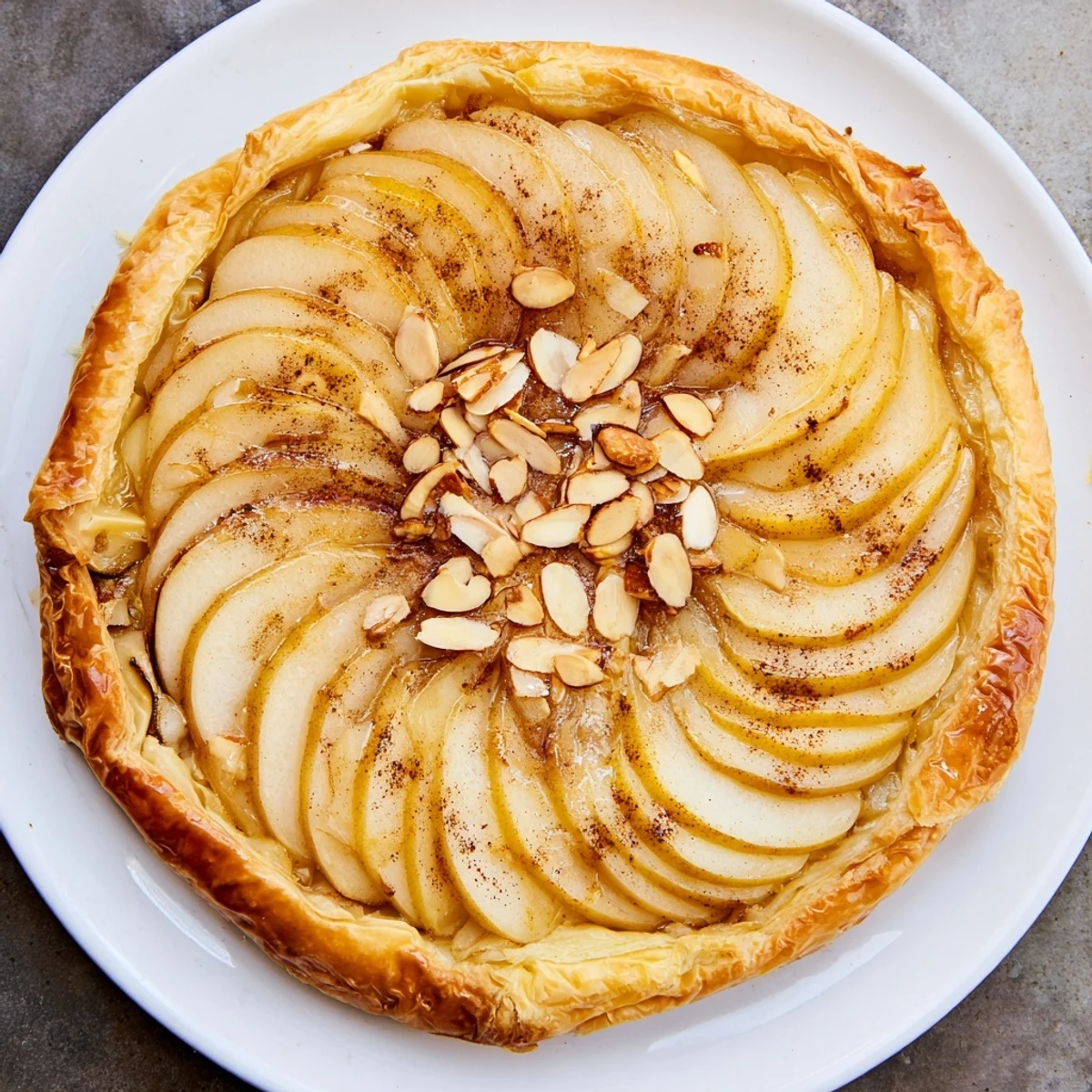 Golden brown spiced pear and puff pastry tarts arranged on a white baking sheet