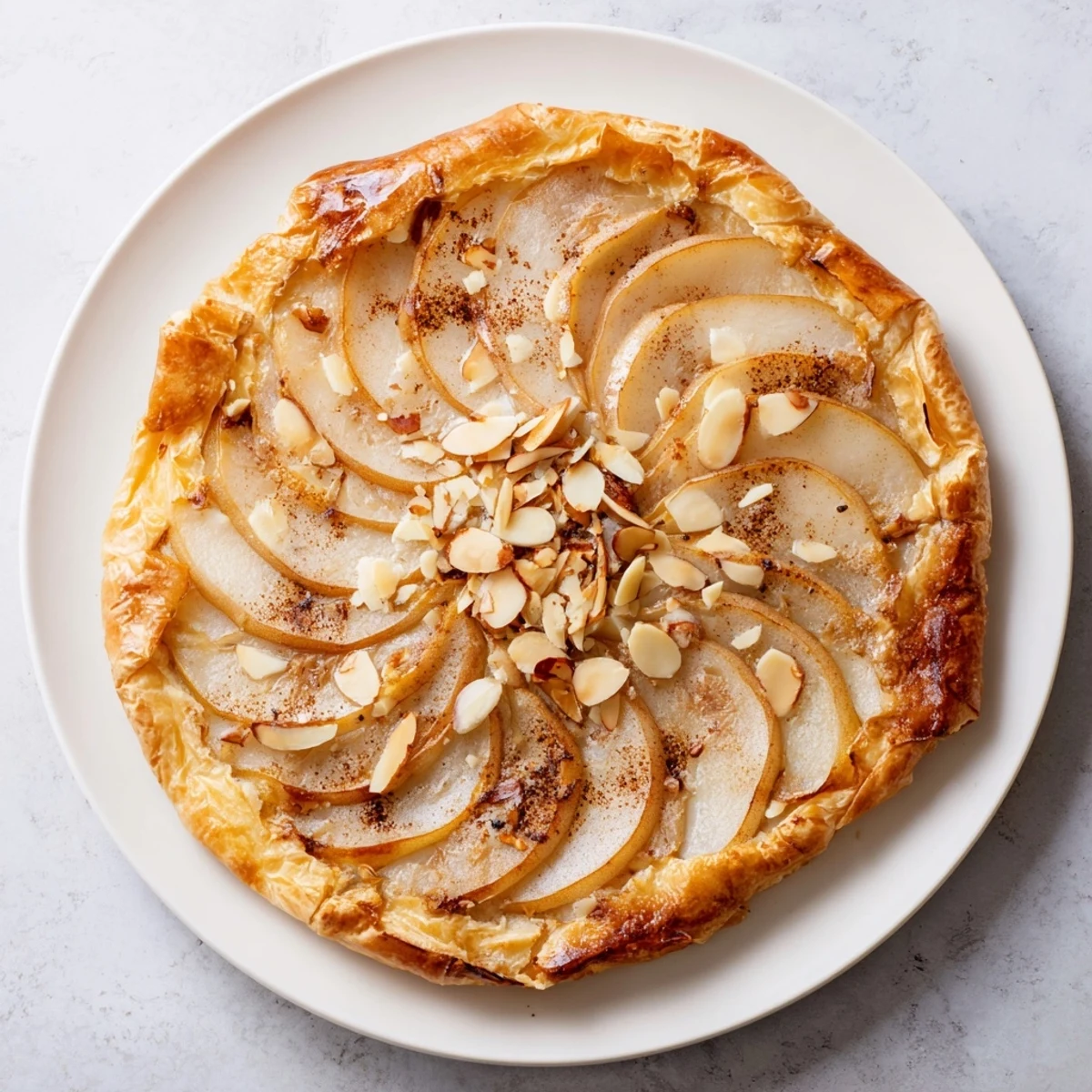Buttery pastry topped with cinnamon spiced pears baked until golden and caramelized